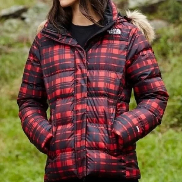 The North Face Gotham Red Plaid Puffer Jacket With Faux Fur Hooded Trim Large - Picture 7 of 8
